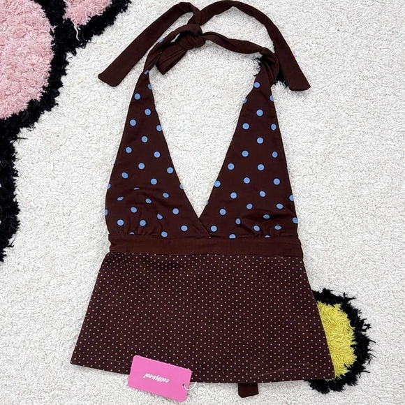 Edikted Tops - Brown Halter Top with Blue Polka Dots